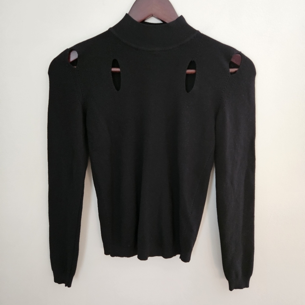 Vicolo Top Long Sleeve Black Cutouts Mockneck Ribbed Knit Casual Trendy Neutral
